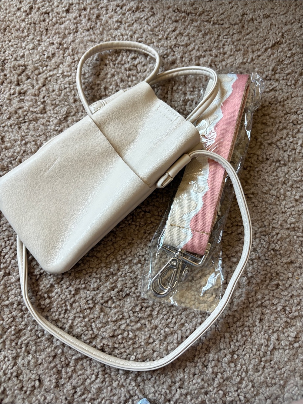 Ivory Mini Crossbody Bag with Pink Accent Strap
